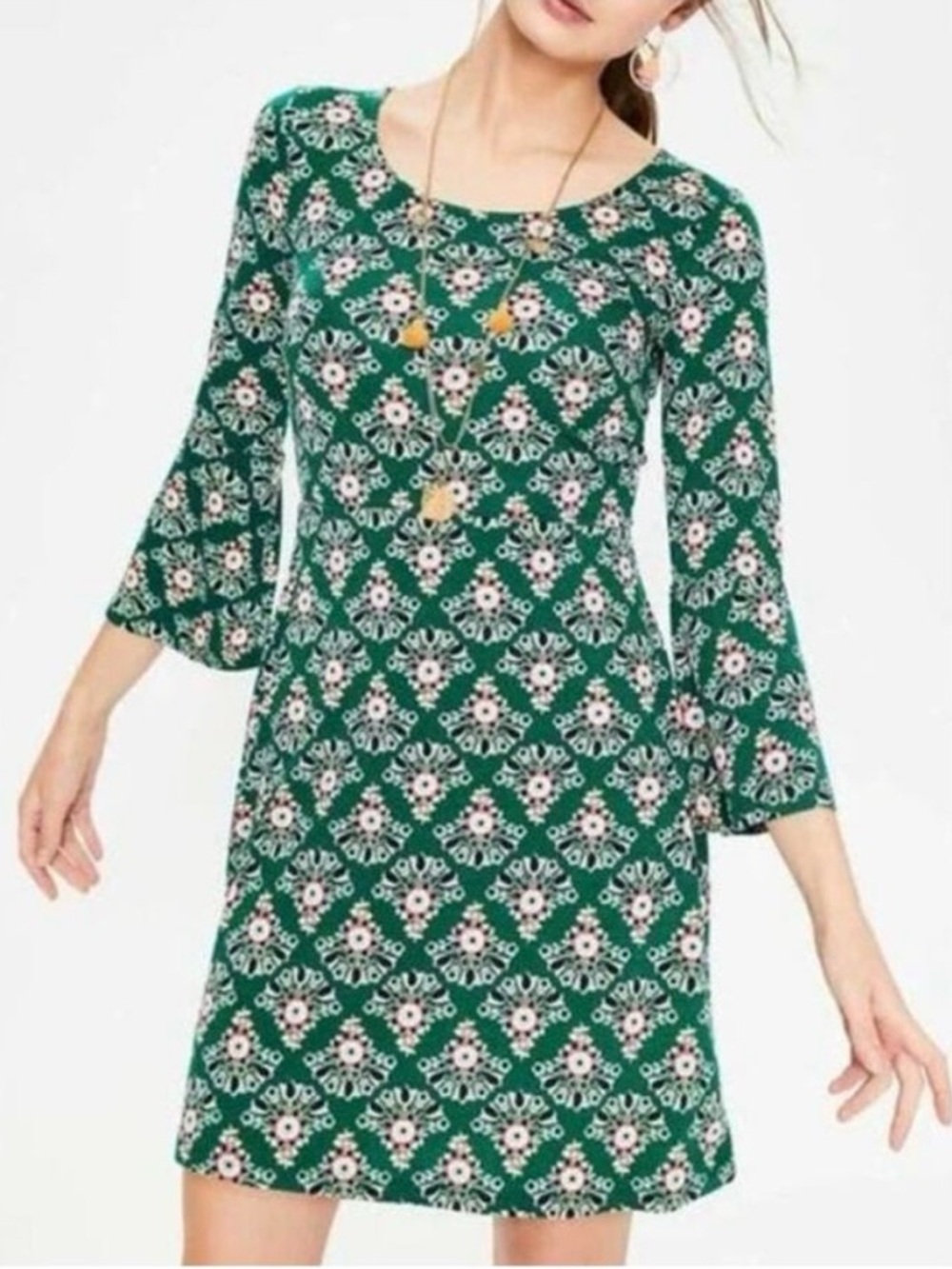 Boden Emerald Green Floral Long-Sleeve Shift Dress